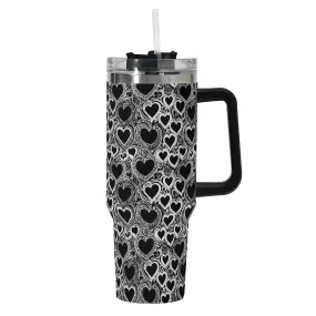 Black and White Groovy Hearts 40oz Stainless Steel Tumbler Gift With Black Handle and Straw