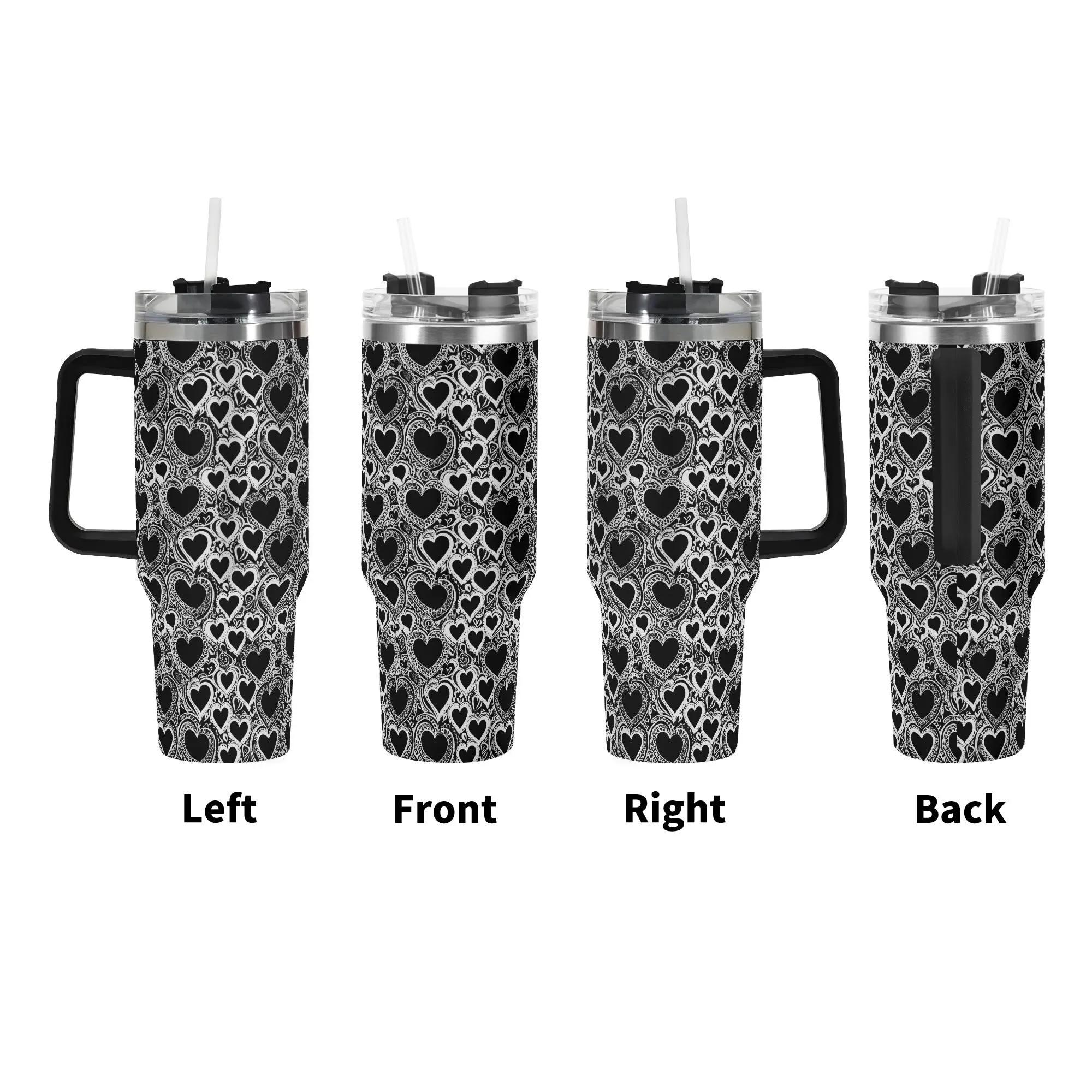 Black and White Groovy Hearts 40oz Stainless Steel Tumbler Gift With Black Handle and Straw