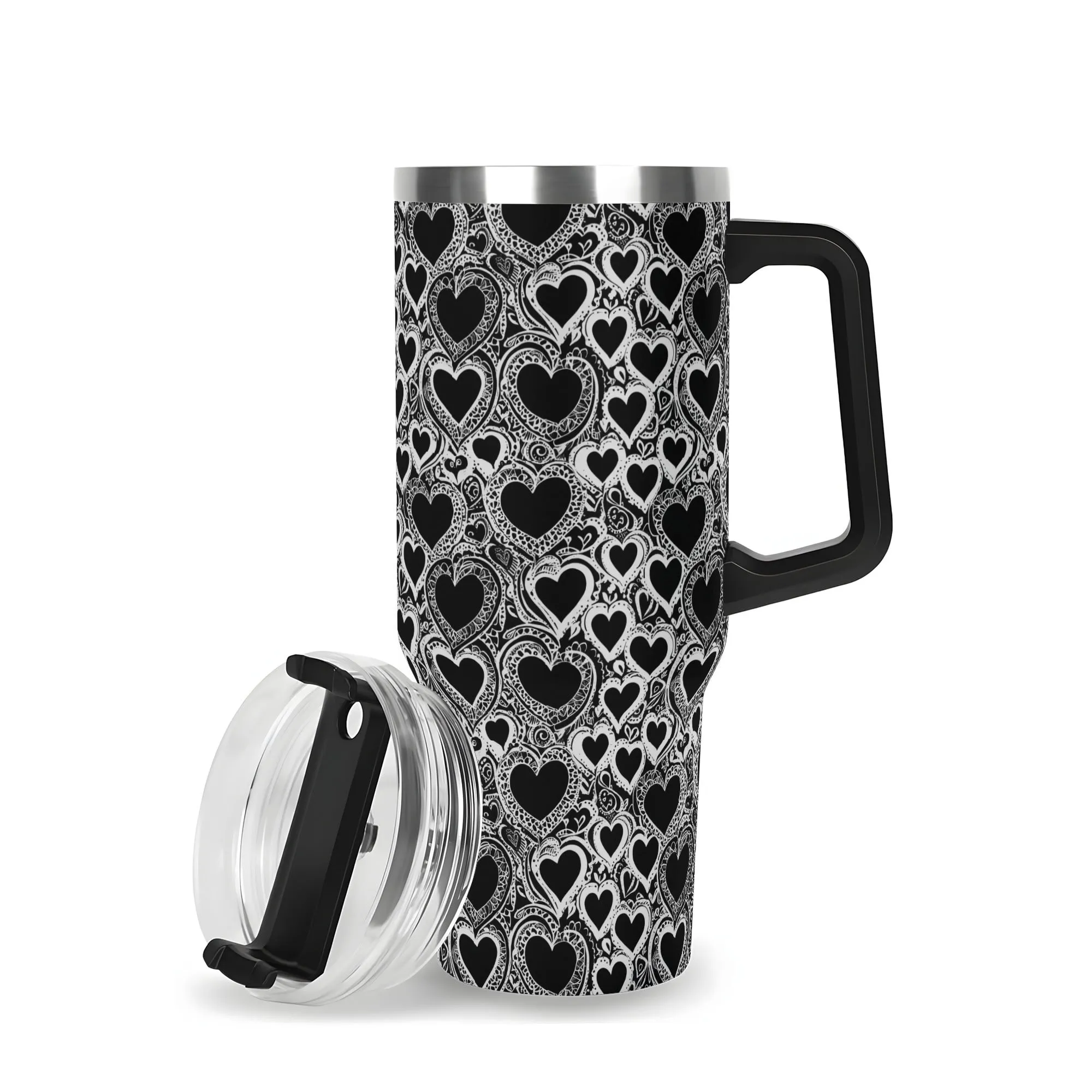 Black and White Groovy Hearts 40oz Stainless Steel Tumbler Gift With Black Handle and Straw