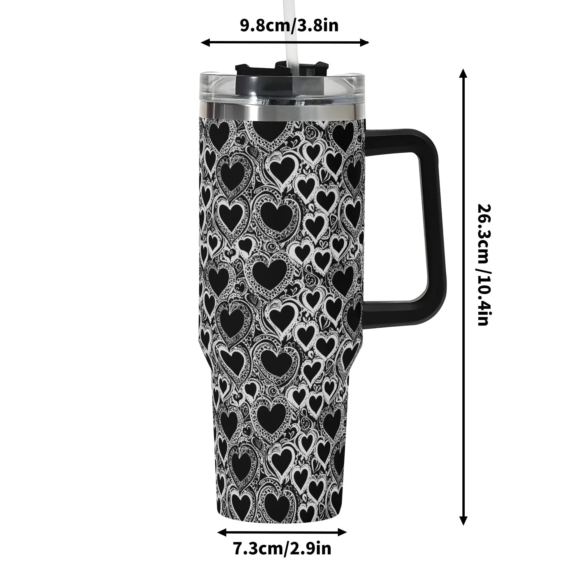 Black and White Groovy Hearts 40oz Stainless Steel Tumbler Gift With Black Handle and Straw