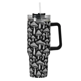 Black and White Mushrooms 40oz Stainless Steel Tumbler Gift With Black Handle and Straw