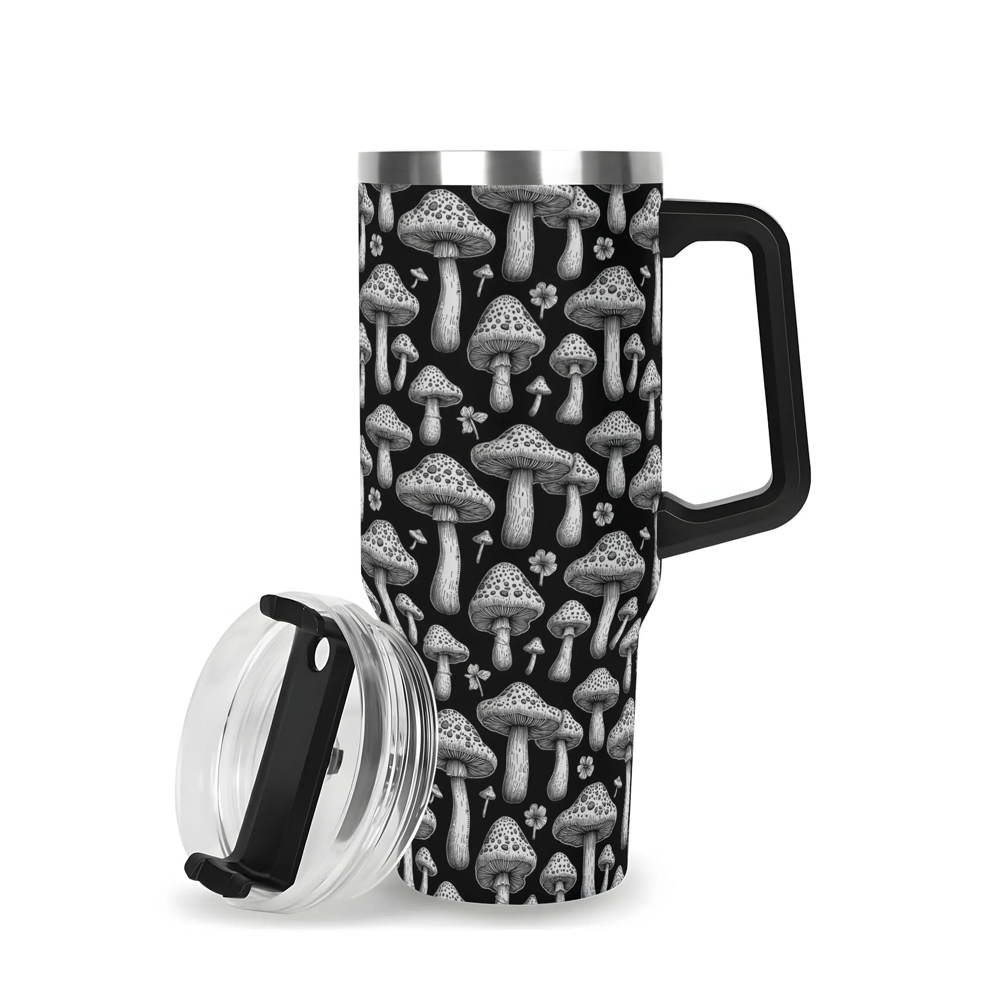 Black and White Mushrooms 40oz Stainless Steel Tumbler Gift With Black Handle and Straw