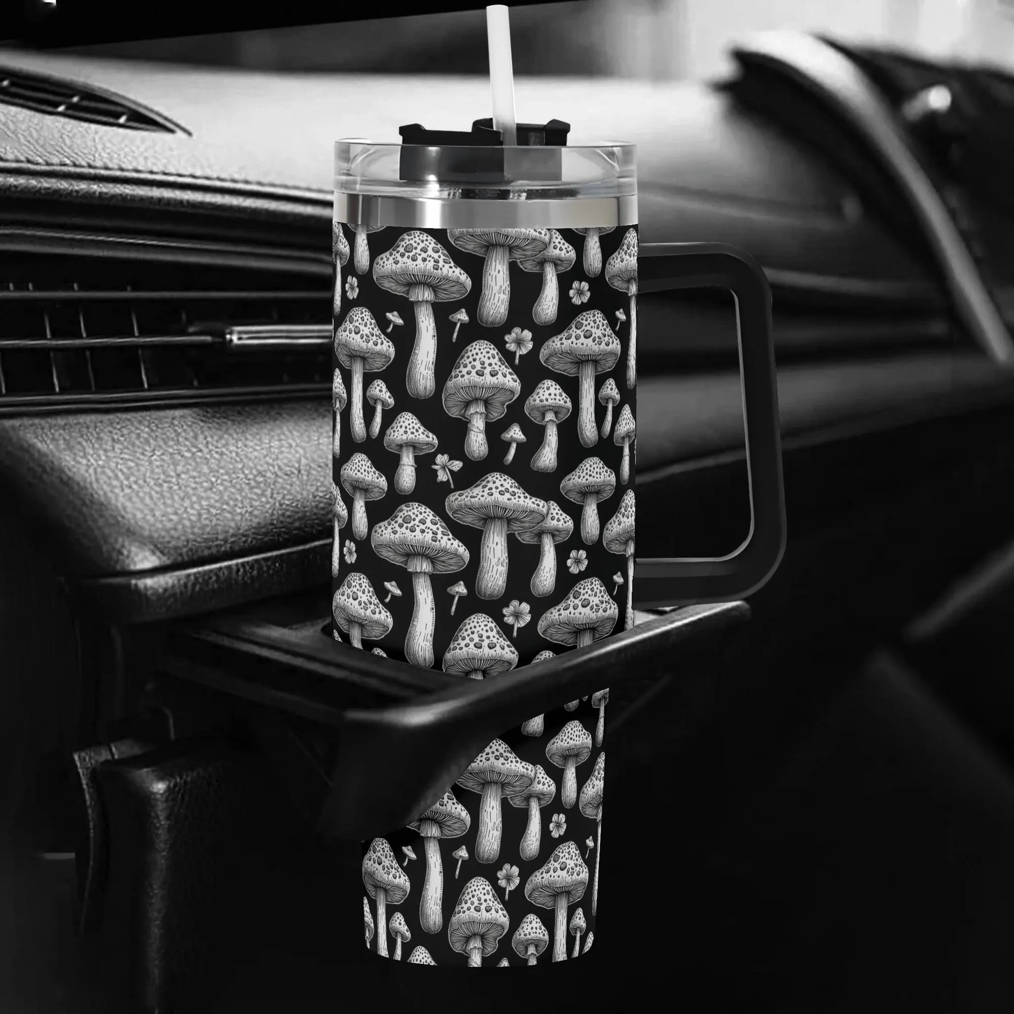 Black and White Mushrooms 40oz Stainless Steel Tumbler Gift With Black Handle and Straw