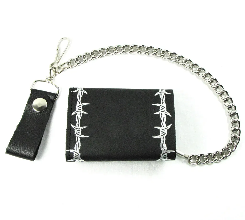 Black Leather Tri-Fold Wallet w/ Barbed Wire