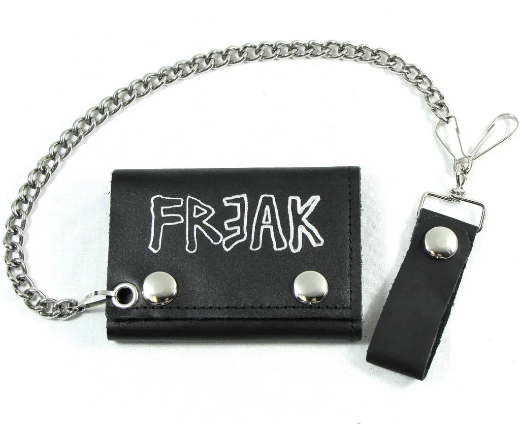 Black Leather Tri-Fold Wallet w/ Freak Text