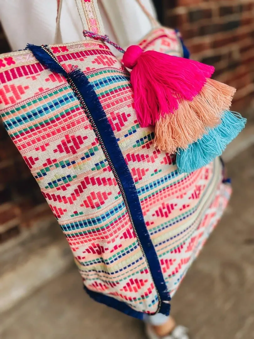 M2293 Marguerite Aztec Print Cotton Tote w/ Triple Tassels