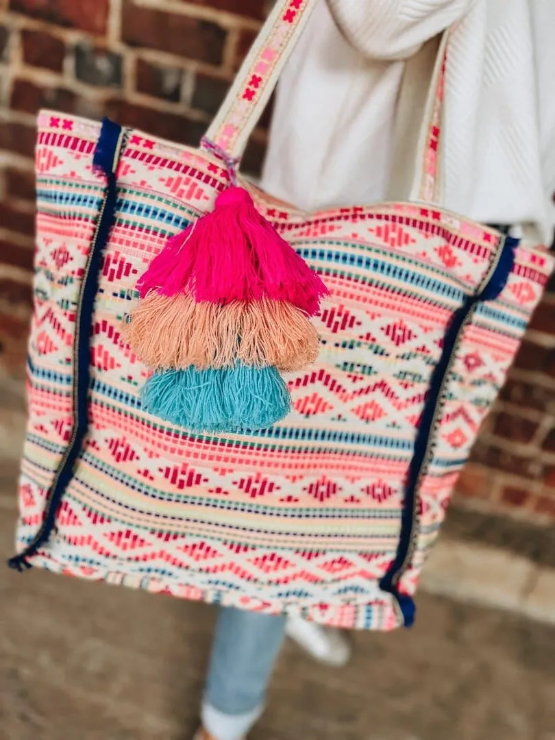 M2293 Marguerite Aztec Print Cotton Tote w/ Triple Tassels