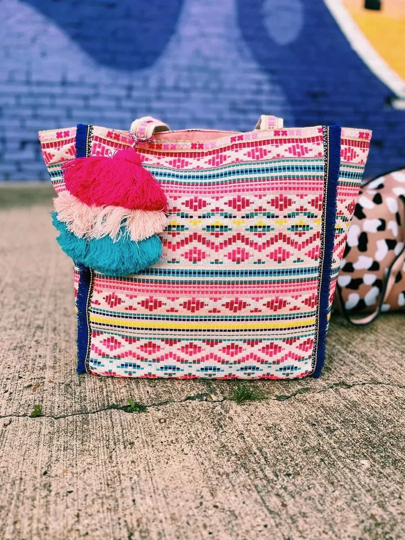 M2293 Marguerite Aztec Print Cotton Tote w/ Triple Tassels