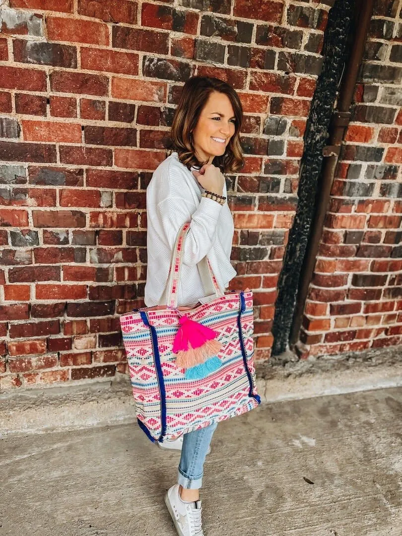 M2293 Marguerite Aztec Print Cotton Tote w/ Triple Tassels