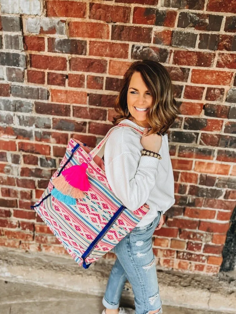 M2293 Marguerite Aztec Print Cotton Tote w/ Triple Tassels