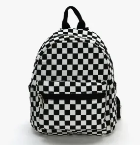 Mini Backpack - Black and White Checkered Canvas