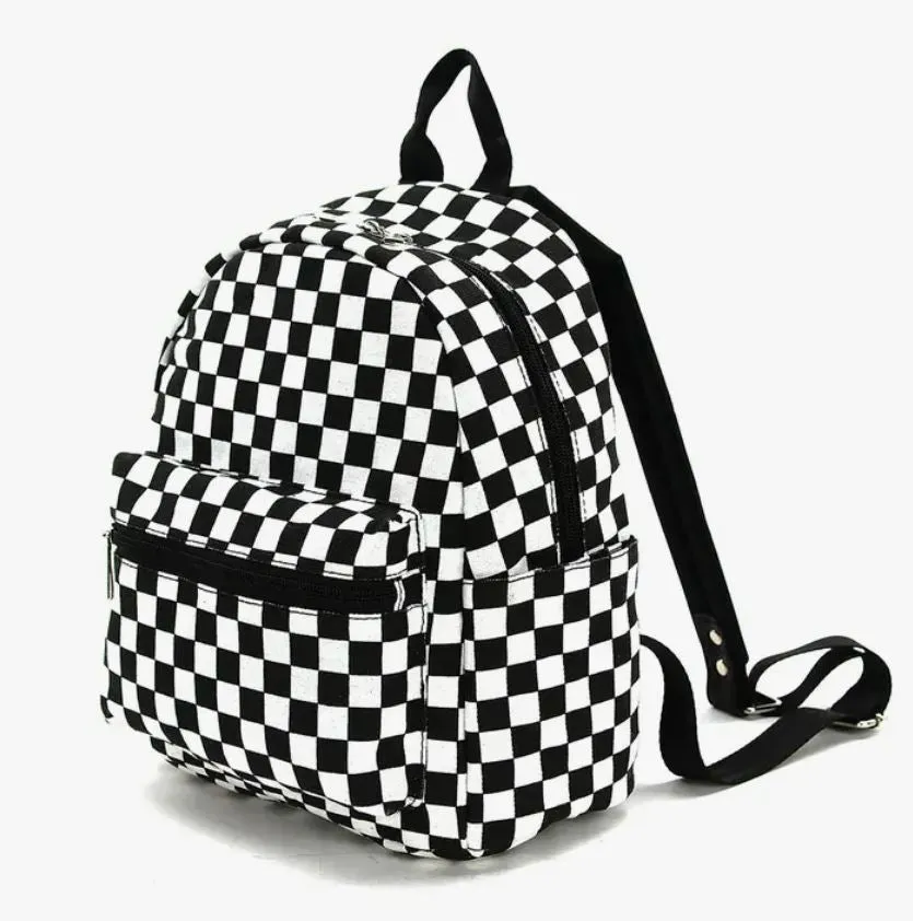 Mini Backpack - Black and White Checkered Canvas