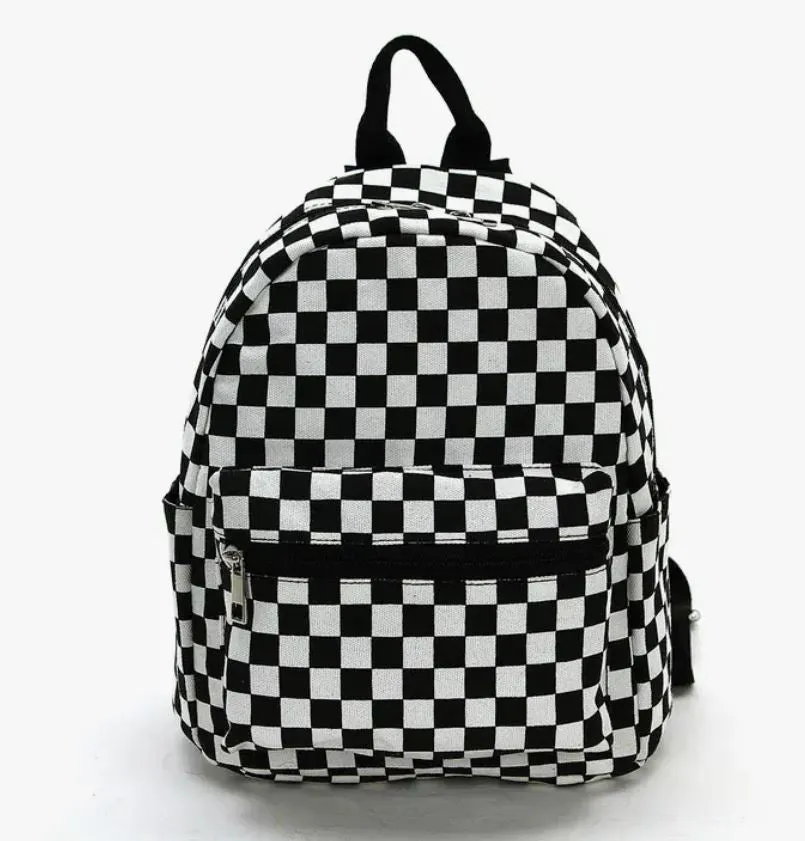 Mini Backpack - Black and White Checkered Canvas