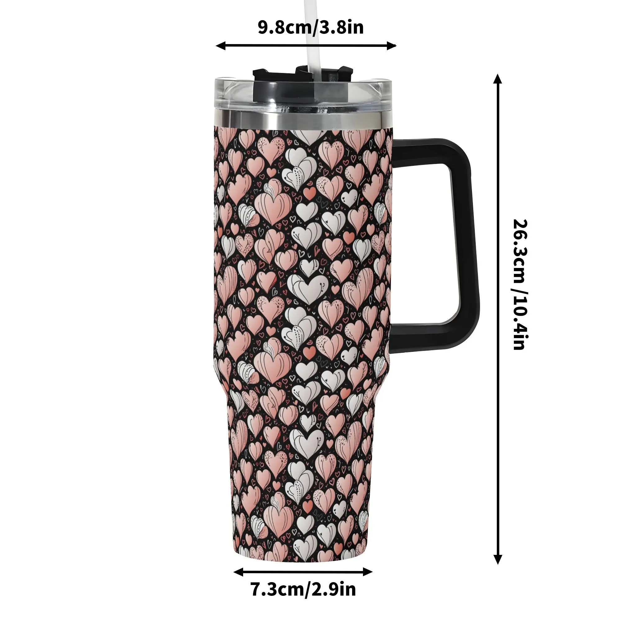 Pink Hearts 40oz Stainless Steel Tumbler Gift With Black Handle and Straw