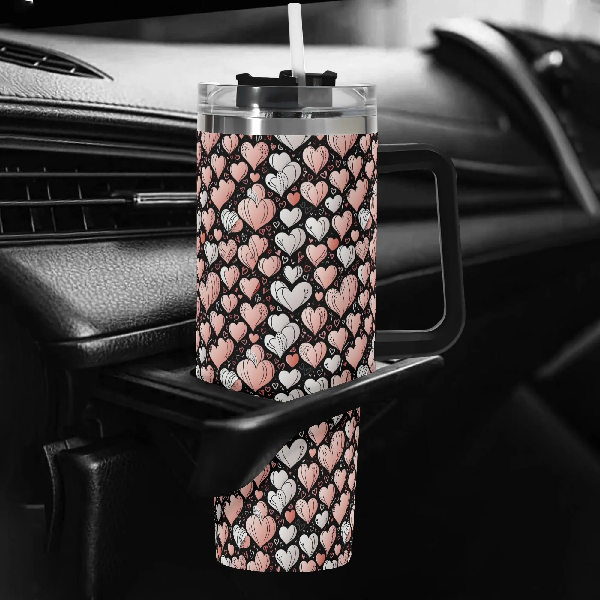 Pink Hearts 40oz Stainless Steel Tumbler Gift With Black Handle and Straw