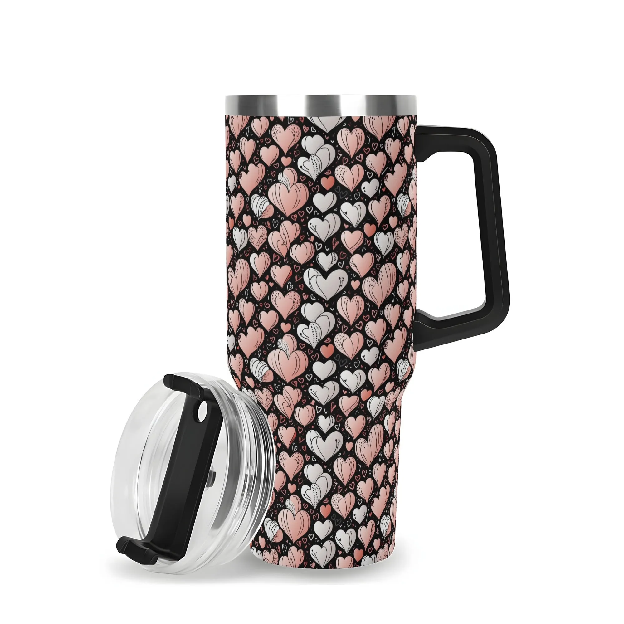 Pink Hearts 40oz Stainless Steel Tumbler Gift With Black Handle and Straw