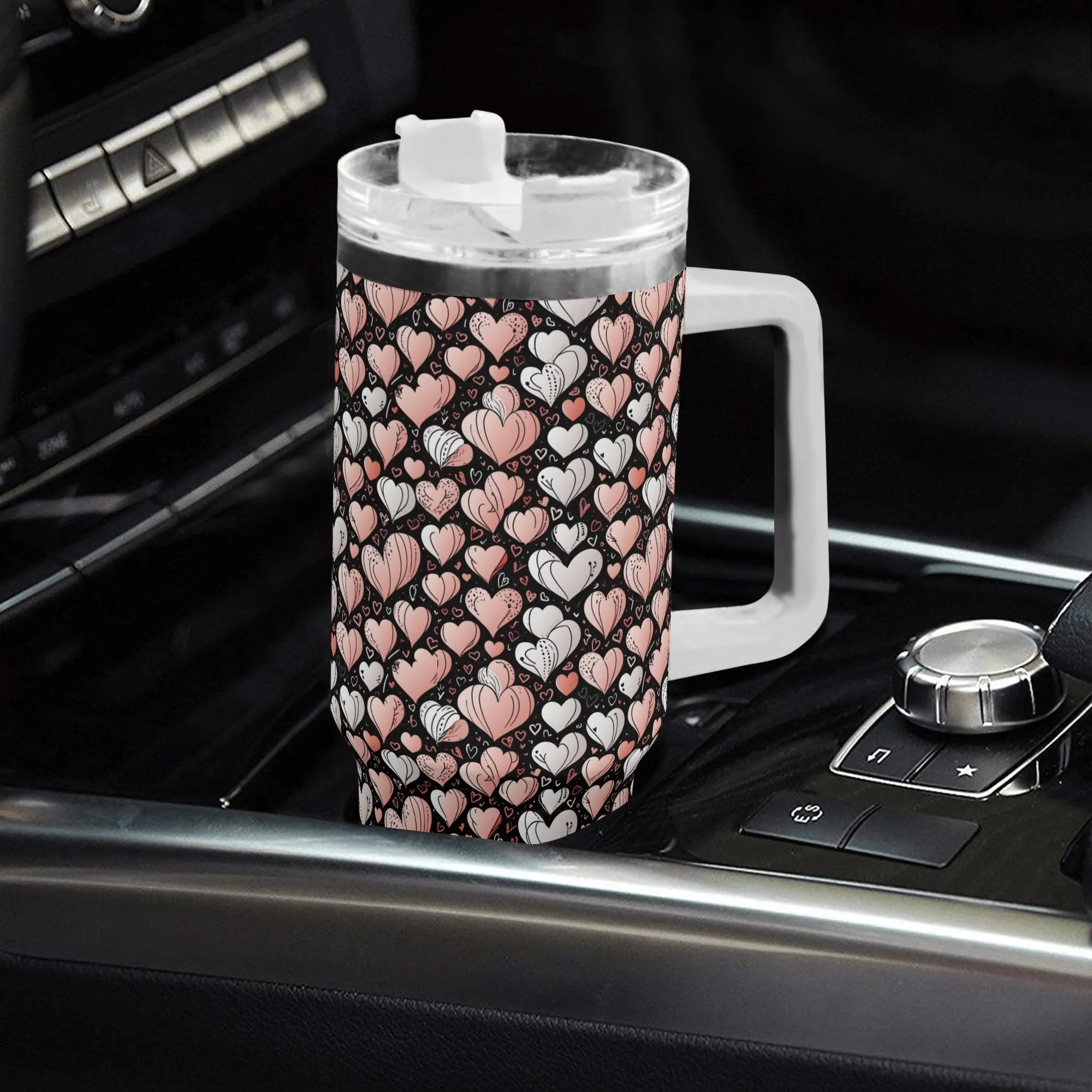 Pink Hearts 40oz Stainless Steel Tumbler Gift With White Handle and Straw