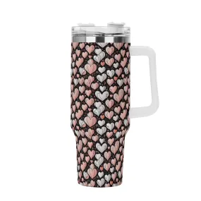 Pink Hearts 40oz Stainless Steel Tumbler Gift With White Handle and Straw