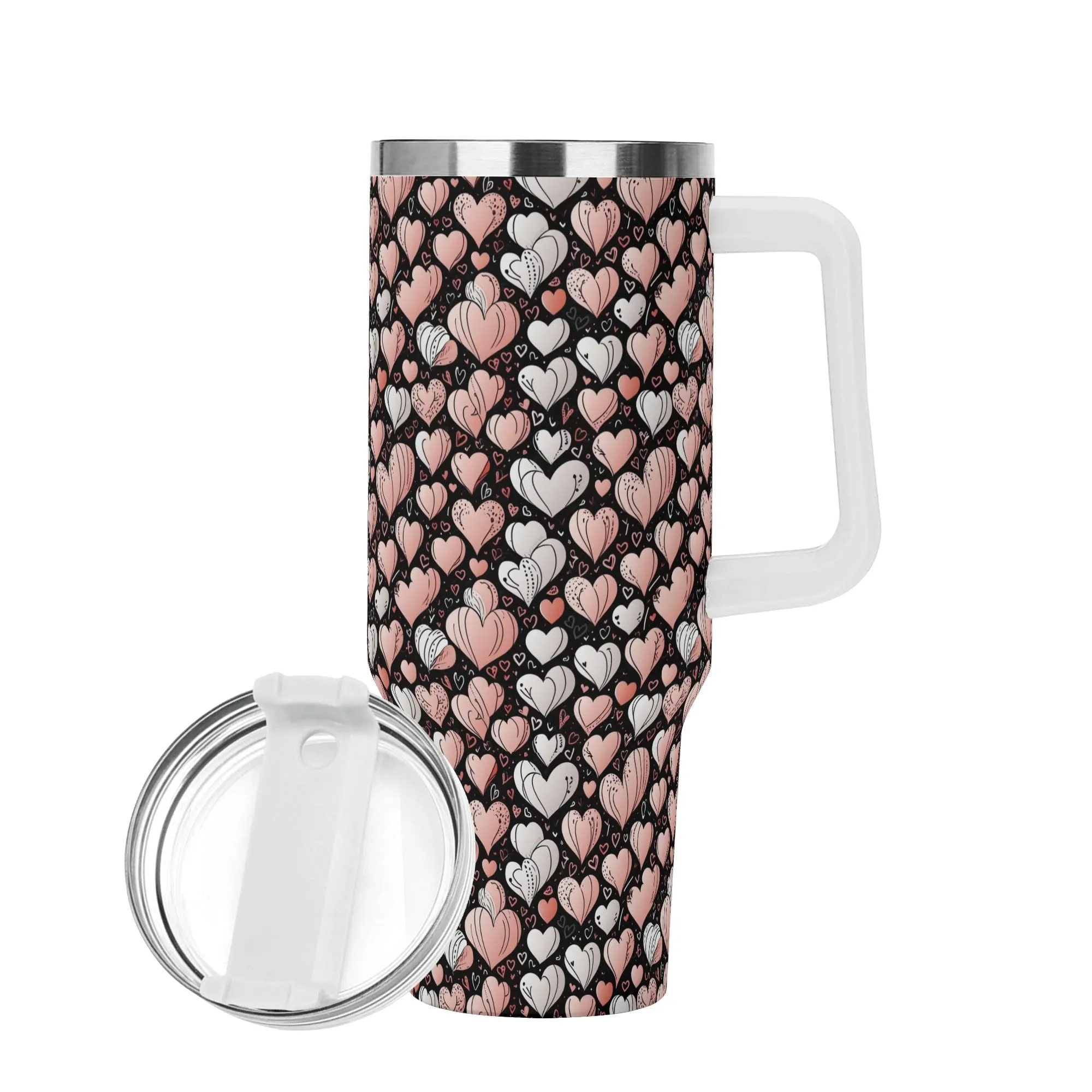 Pink Hearts 40oz Stainless Steel Tumbler Gift With White Handle and Straw