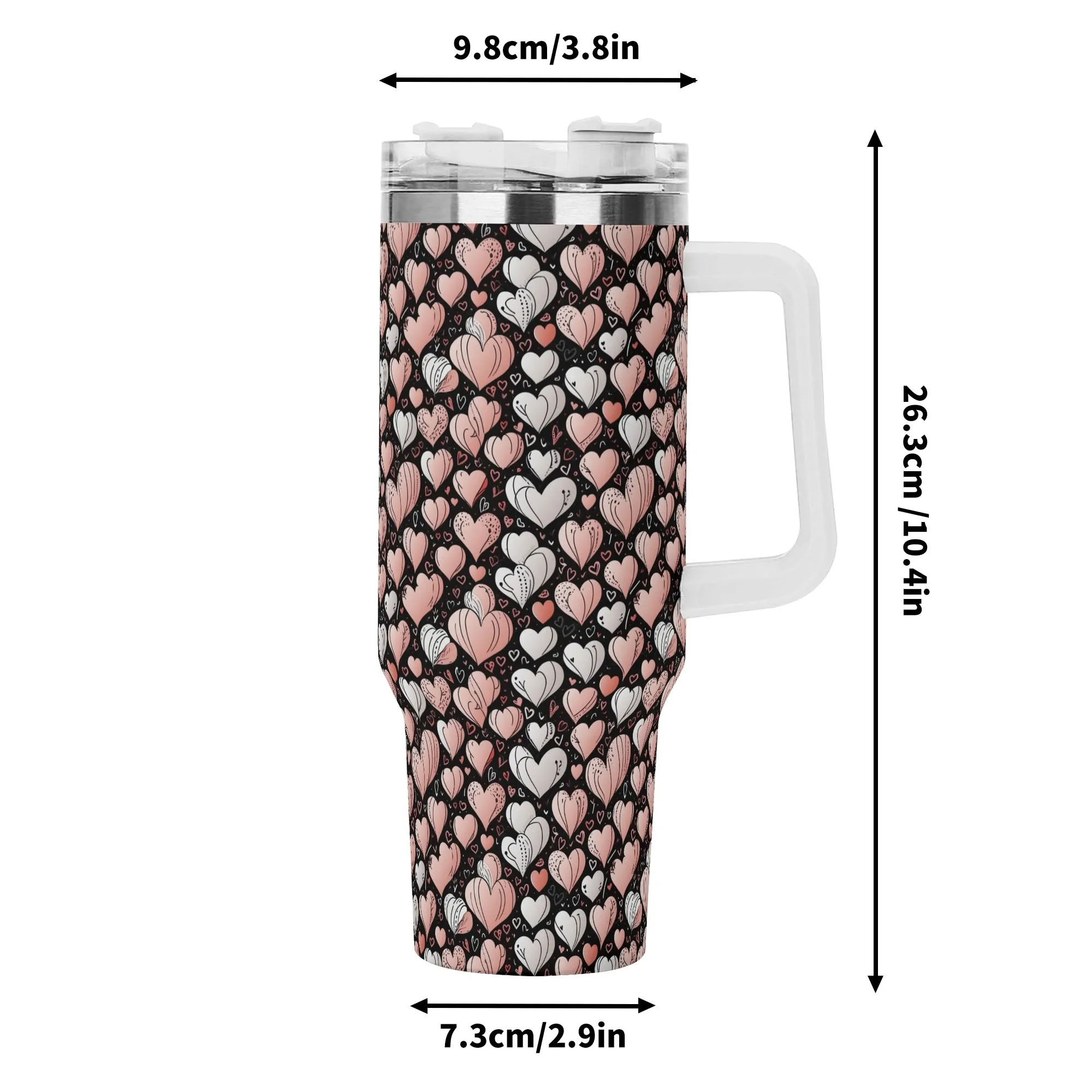 Pink Hearts 40oz Stainless Steel Tumbler Gift With White Handle and Straw