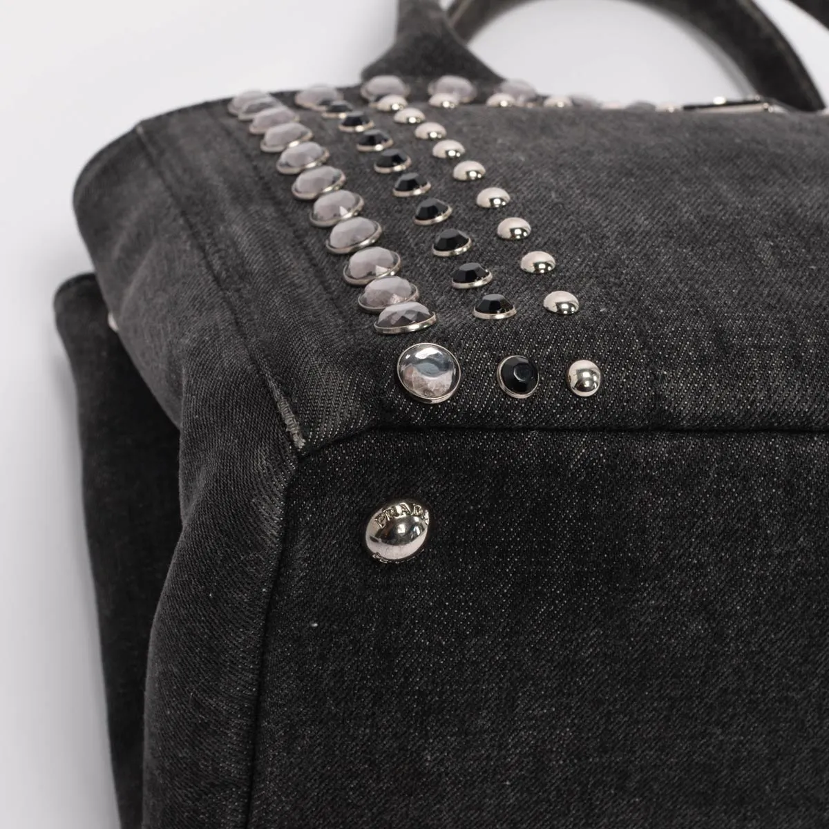 Prada Charcoal Denim Crystal Studded Canapa Tote