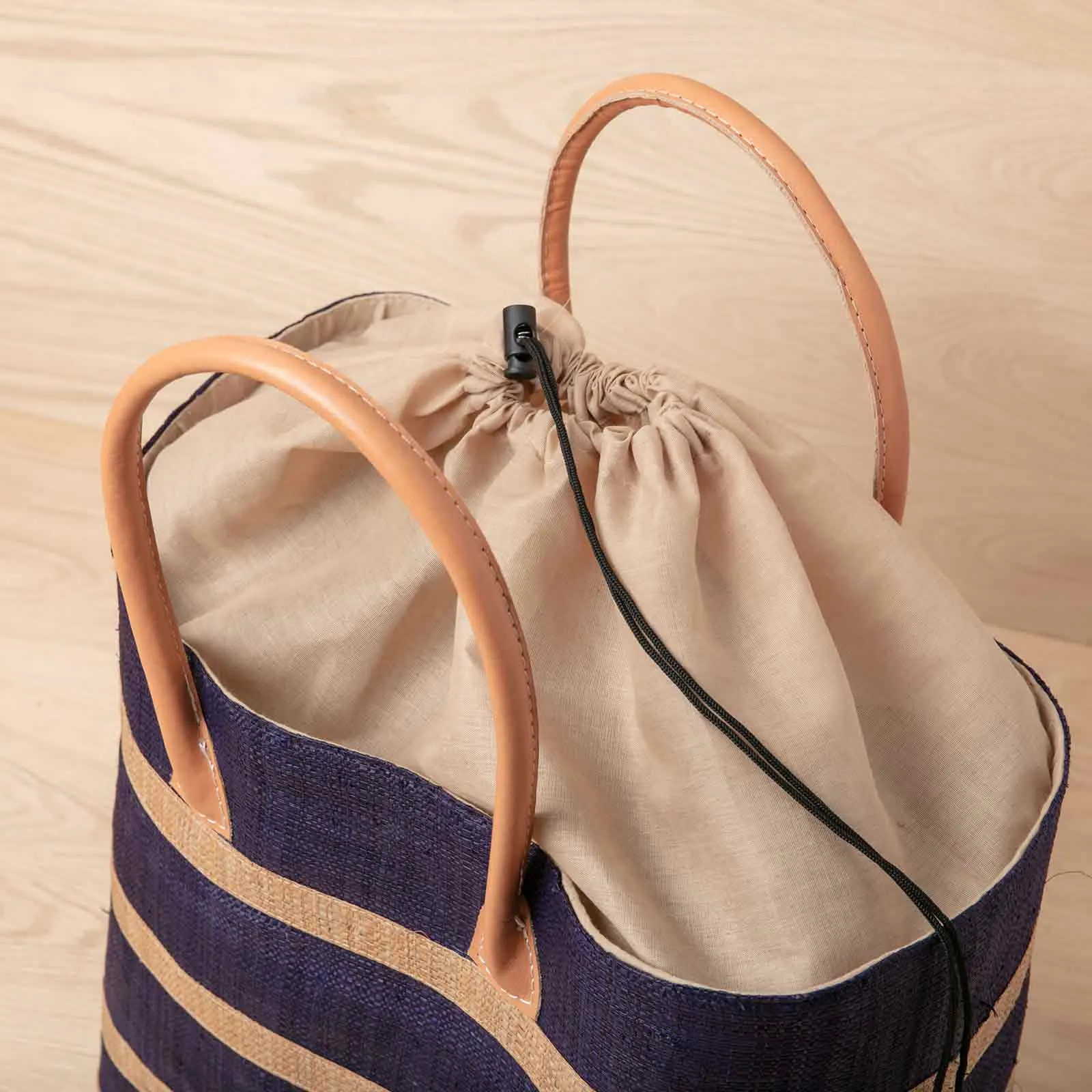 Raffia Navy Beach Stripe Tote with Leather Handle