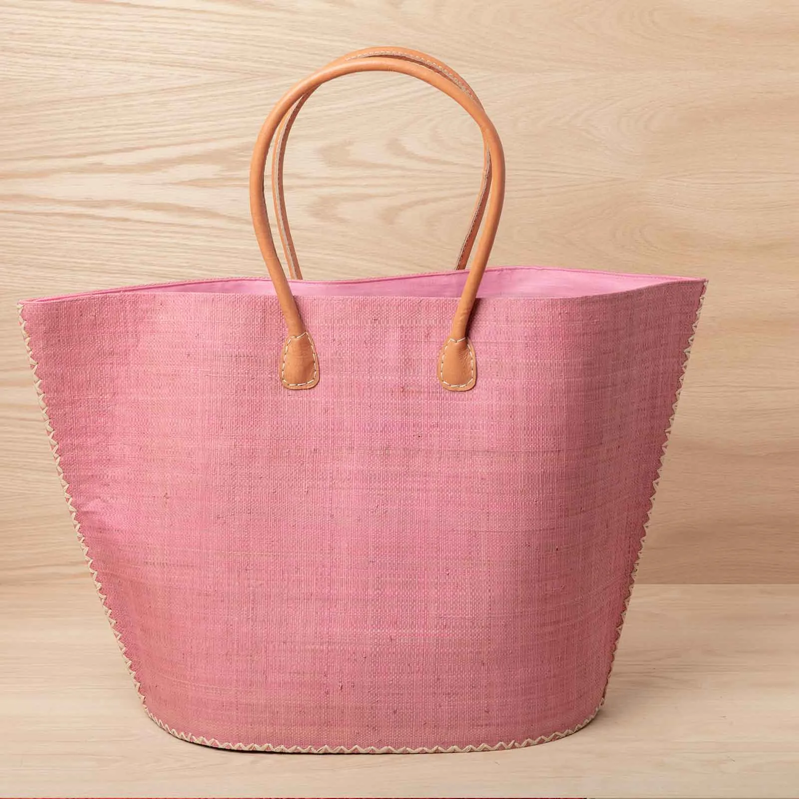 Raffia Pink Tote with Leather Handle