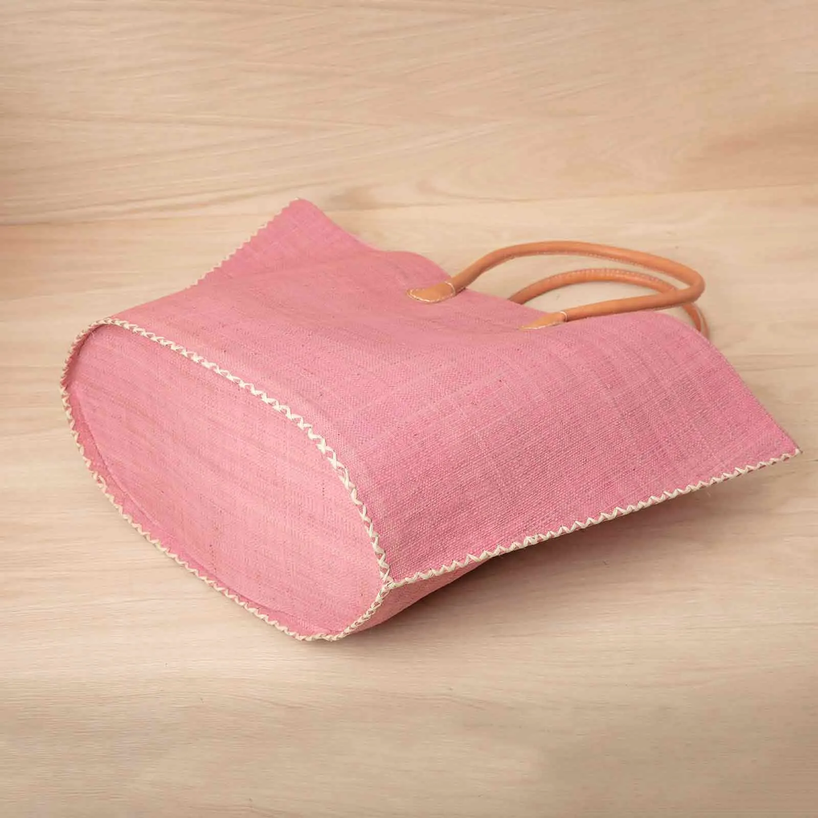 Raffia Pink Tote with Leather Handle