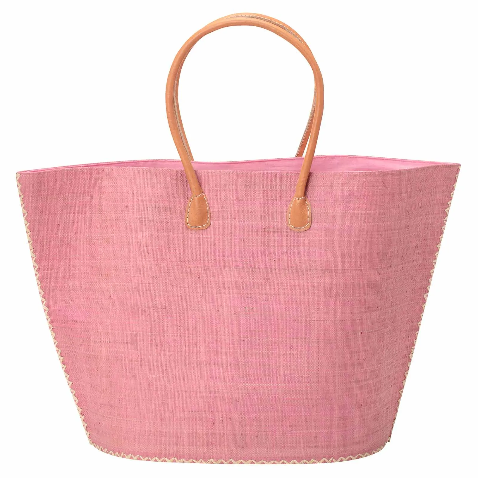 Raffia Pink Tote with Leather Handle