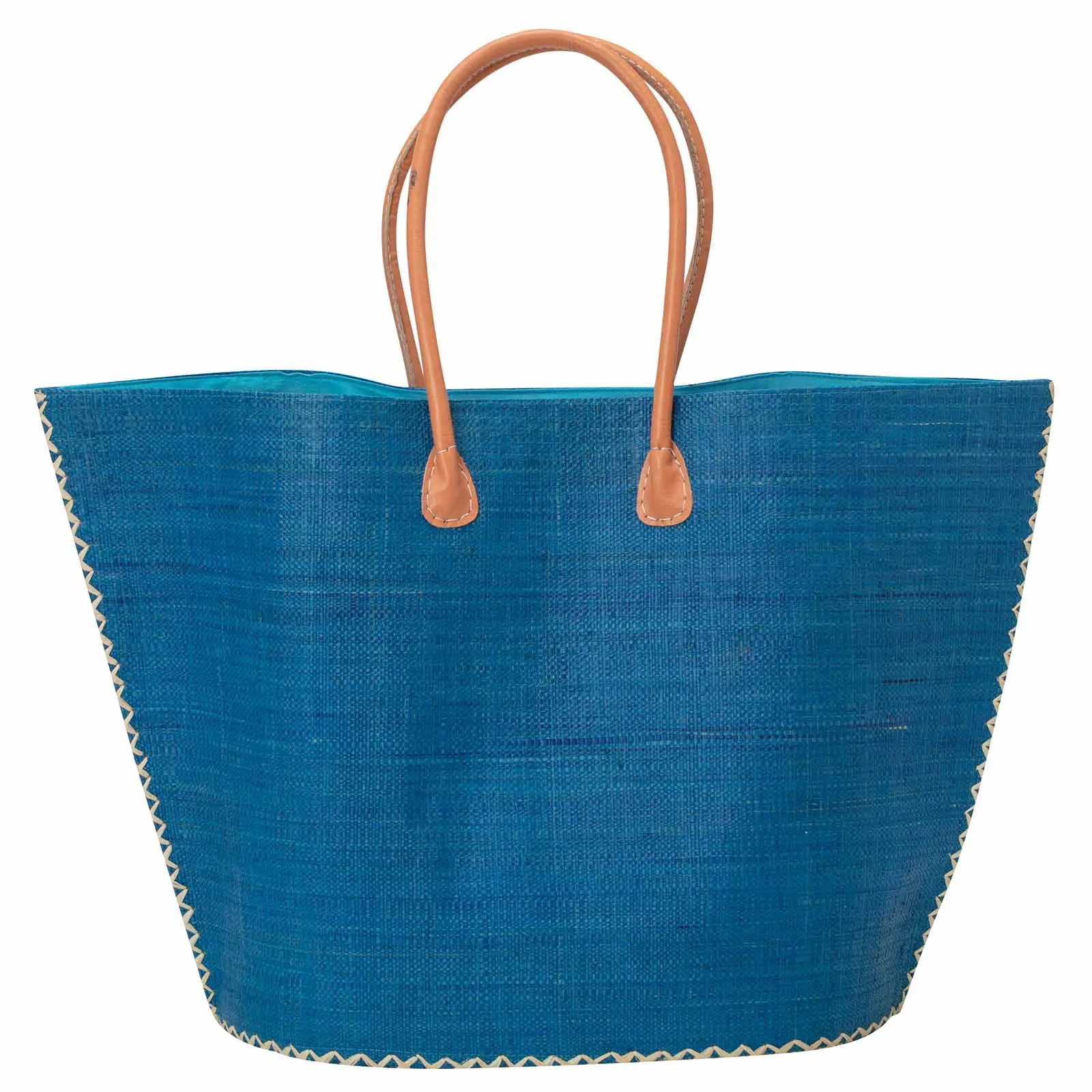 Raffia Turquoise Tote with Leather Handle