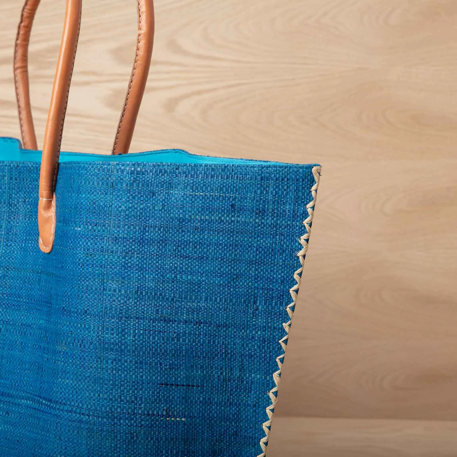 Raffia Turquoise Tote with Leather Handle