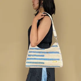 Shimmery Golden White Blue Designer Upcycled Handwoven Baguette Bag (BTBD1124-005) MS_W