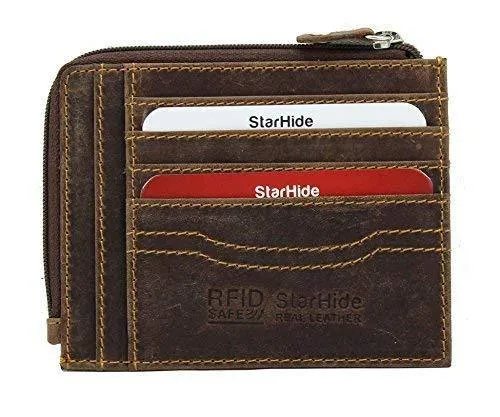 STARHIDE Mens Women Slim RFID Blocking Genuine Distressed Hunter Leather Credit Card Holder Zipper Wallet 1095 Brown