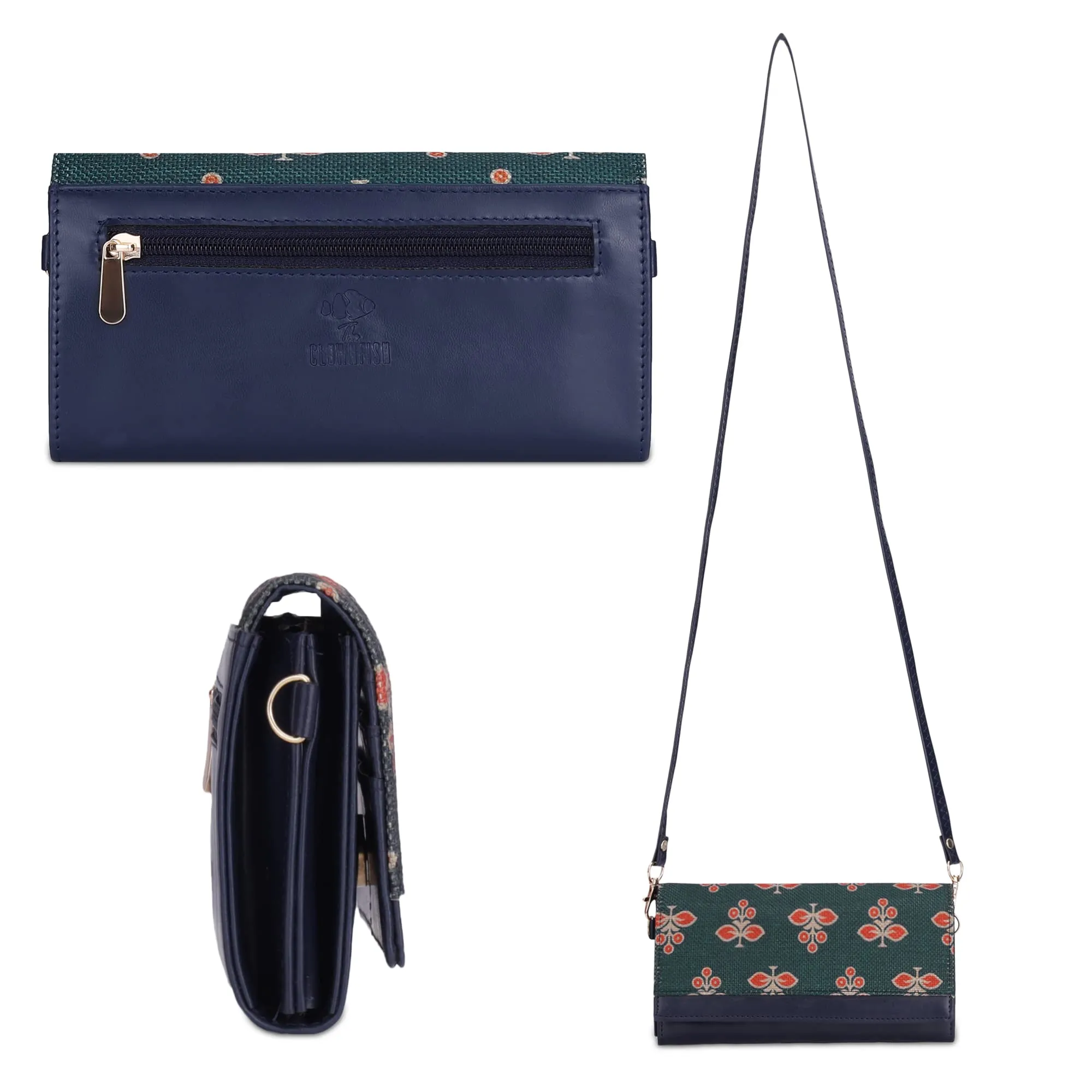 THE CLOWNFISH Women Erika Printed Handicraft Fabric & Vegan Leather Ladies Wristlet Purse Sling Bag With Multiple Card Slots & Shoulder Belt (Dark Green)