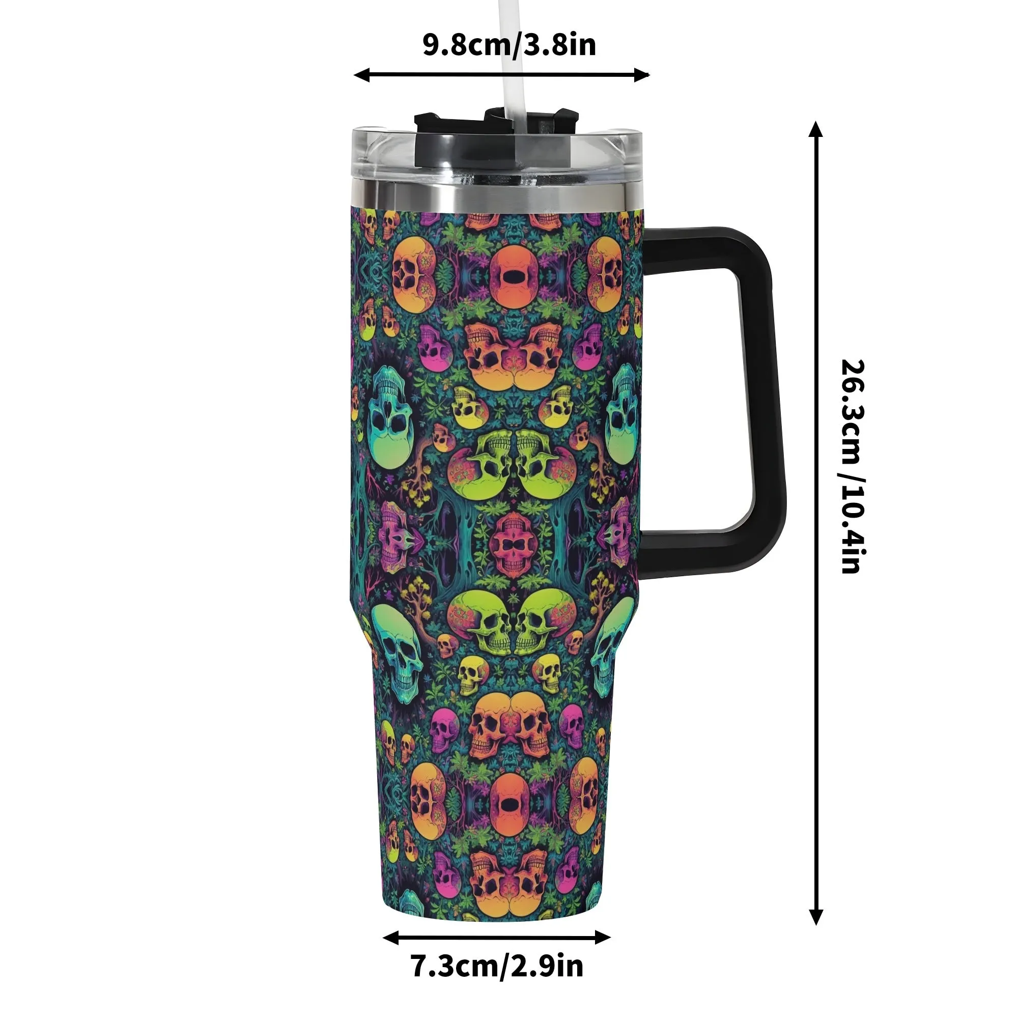 Trippy Skulls 40oz Stainless Steel Tumbler Gift With Black Handle and Straw