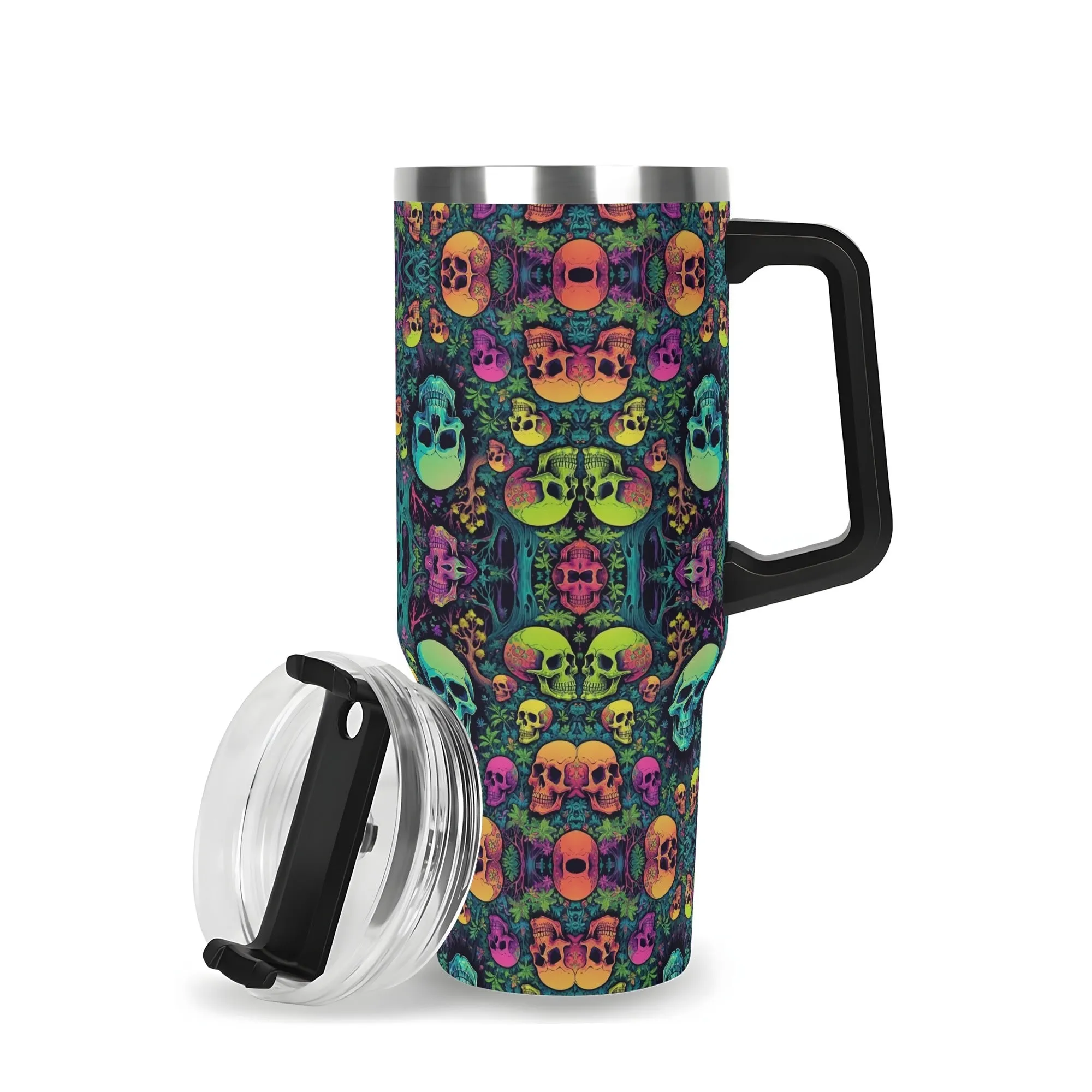 Trippy Skulls 40oz Stainless Steel Tumbler Gift With Black Handle and Straw