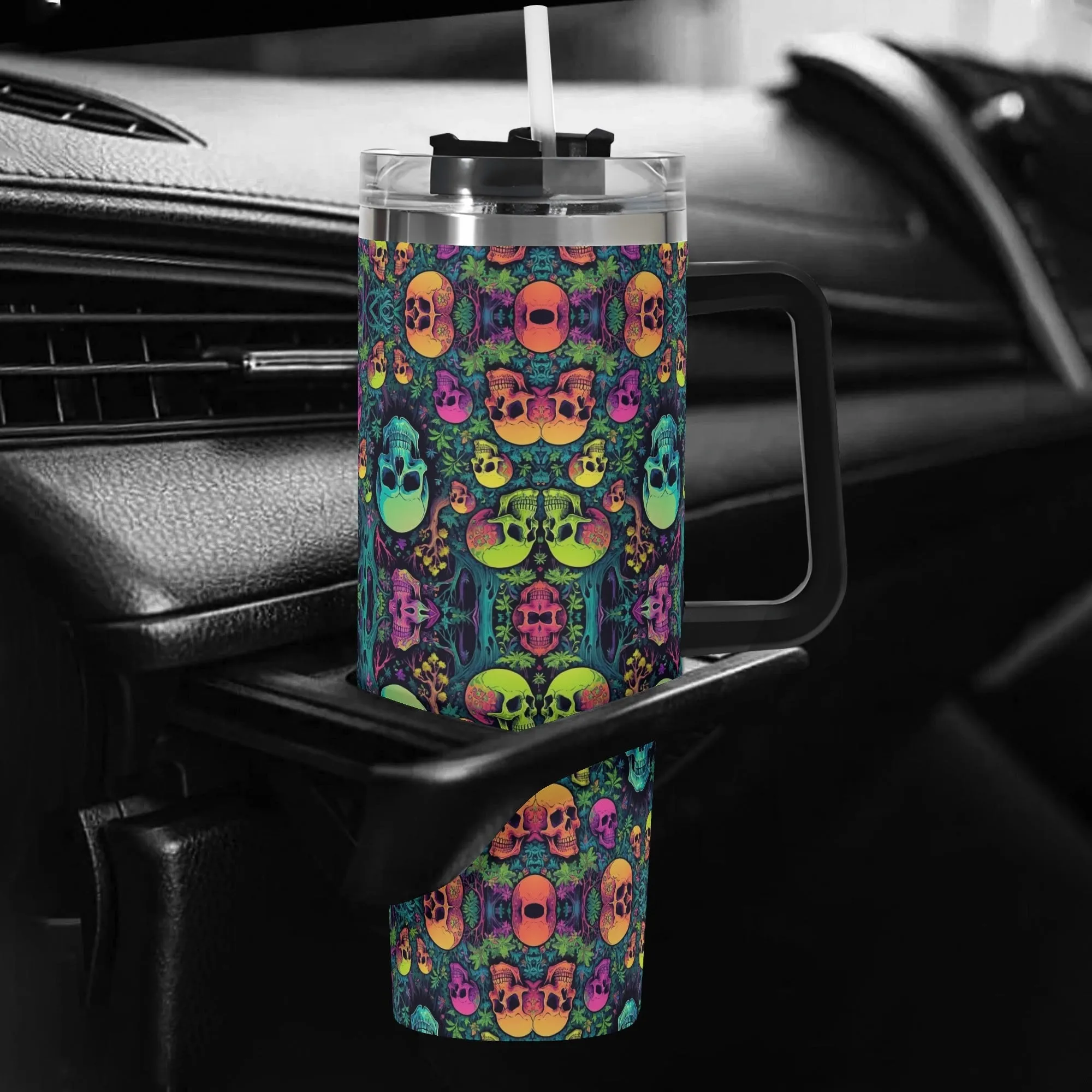 Trippy Skulls 40oz Stainless Steel Tumbler Gift With Black Handle and Straw