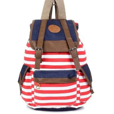 Unisex Fashionable Canvas Backpack School Bag Super Cute Stripe School College Laptop Bag for Teens Girls Boys Students