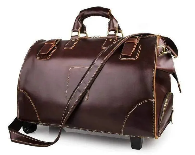 Vintage Dark  Brown Leather Wheeled Travelling Luggage Bags